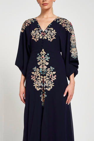 Frock & Frill Briony Navy Embroidered Maxi Dress With Batwing Sleeves