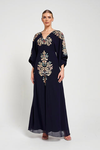 Frock & Frill Briony Navy Embroidered Maxi Dress With Batwing Sleeves