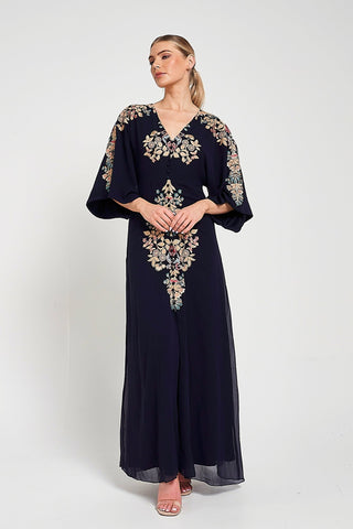 frock & frill Briony Navy Embroidered Maxi Dress with Batwing Sleeves
