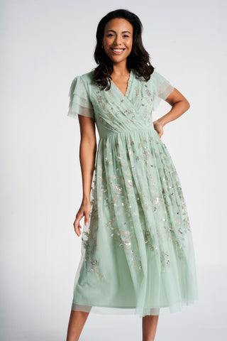 Frock & Frill Carissa Green Floral Embellished Midi Dress
