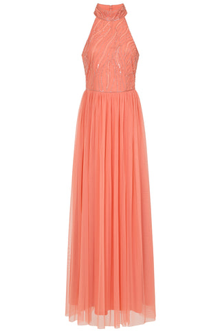 Frock & Frill Caroline Coral Embellished Halter Neck Maxi Dress
