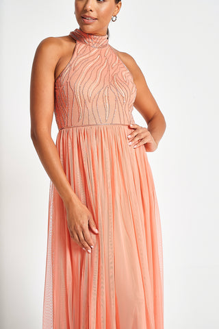 Frock & Frill Caroline Coral Embellished Halter Neck Maxi Dress