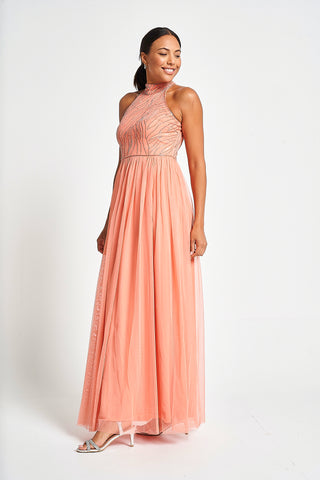 Frock & Frill Caroline Coral Embellished Halter Neck Maxi Dress