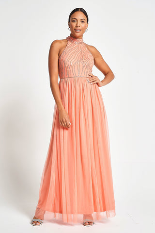 frock & frill Caroline Coral Embellished Halter Neck Maxi Dress
