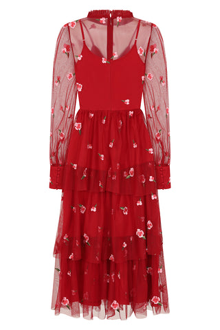 Frock & Frill Carys Red Floral Embroidered Midi Dress