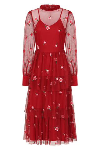 frock & frill Carys Red Floral Embroidered Midi Dress