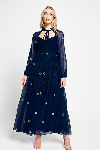 frock & frill Cassia Navy Floral Embroidered Maxi Dress