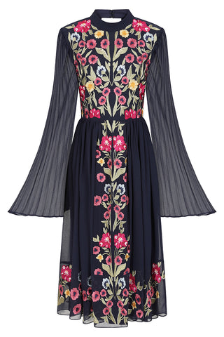 Frock & Frill Cerelia Navy Floral Embroidered Midi Dress