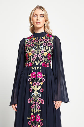 Frock & Frill Cerelia Navy Floral Embroidered Midi Dress
