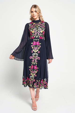 Frock & Frill Cerelia Navy Floral Embroidered Midi Dress