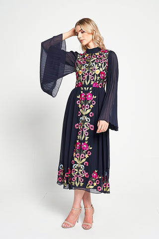 frock & frill Cerelia Navy Floral Embroidered Midi Dress