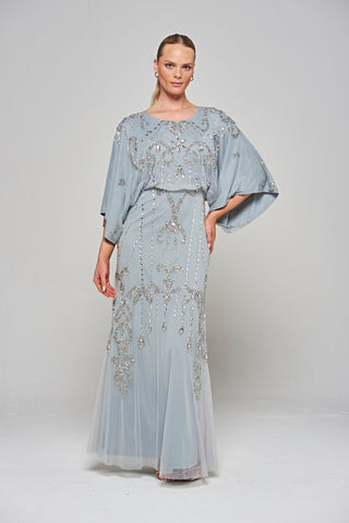 Frock & Frill Christine Light Grey Embellished Maxi Dress With Batwing Sleeves