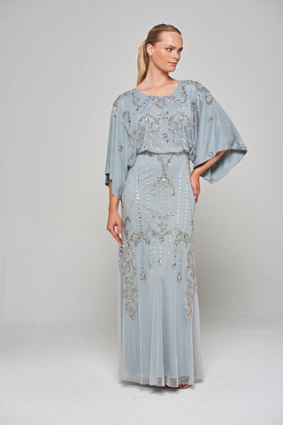 Frock & Frill Christine Light Grey Embellished Maxi Dress With Batwing Sleeves