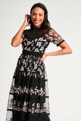 frock & frill Cicely Black Floral Embroidered Midaxi Dress