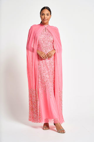 frock & frill Cora Strawberry Sequin Maxi Dress with Detachable Cape