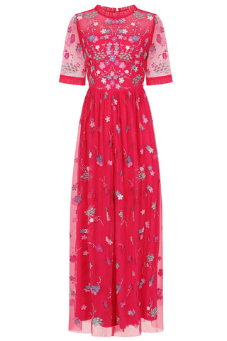 Frock & Frill Coraline Crimson Floral Embroidered Maxi Dress