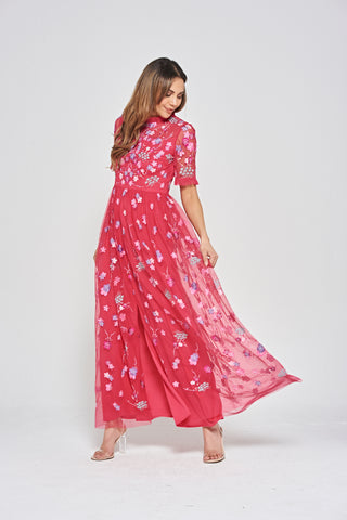Frock & Frill Coraline Crimson Floral Embroidered Maxi Dress