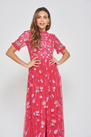 Frock & Frill Coraline Crimson Floral Embroidered Maxi Dress