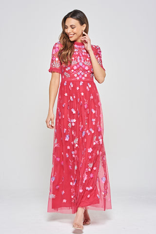 frock & frill Coraline Crimson Floral Embroidered Maxi Dress