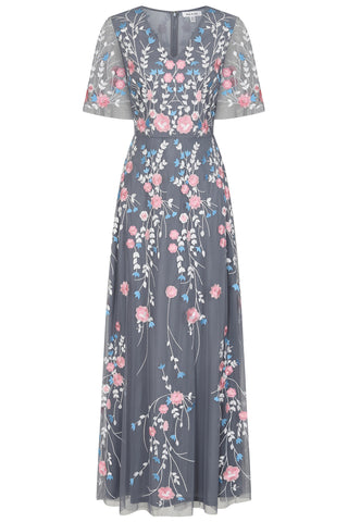Frock & Frill Crisanta Charcoal Floral Embroidered Maxi Dress