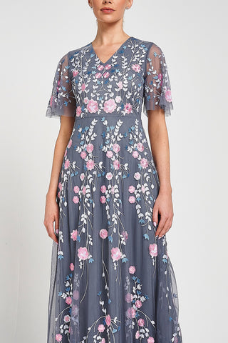 Frock & Frill Crisanta Charcoal Floral Embroidered Maxi Dress