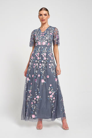 Frock & Frill Crisanta Charcoal Floral Embroidered Maxi Dress