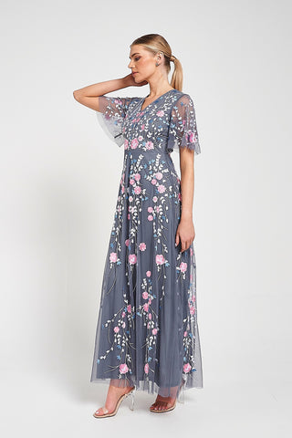 frock & frill Crisanta Charcoal Floral Embroidered Maxi Dress