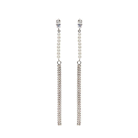 frock & frill Crystal Pearl Long Drop Earrings Silver