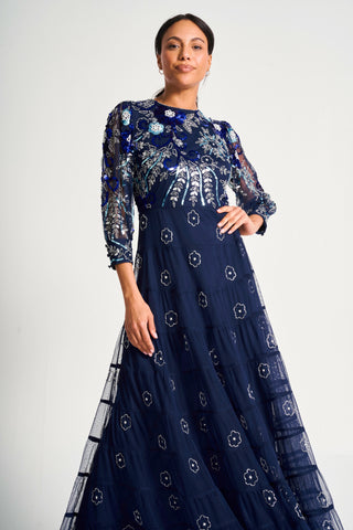 Frock & Frill Dahlia Navy Floral Embellished Maxi Dress