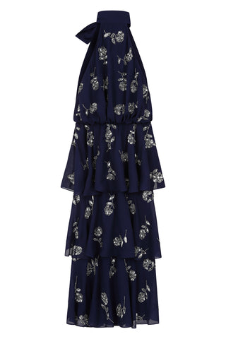 Frock & Frill Dalia Navy Floral Embellished Tiered Midi Dress