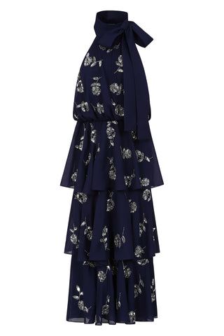 frock & frill Dalia Navy Floral Embellished Tiered Midi Dress