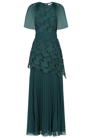 Frock & Frill Davina Green Lace Detail Maxi Dress With Pleated Skirt