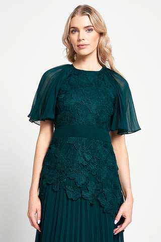 Frock & Frill Davina Green Lace Detail Maxi Dress With Pleated Skirt