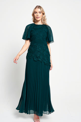 Frock & Frill Davina Green Lace Detail Maxi Dress With Pleated Skirt