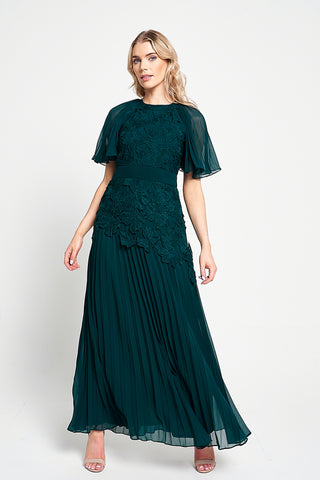 frock & frill Davina Green Lace Detail Maxi Dress with Pleated Skirt