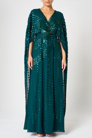 Frock & Frill Della Teal Sequin Cape Sleeve Maxi Dress