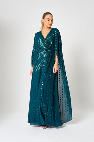 Frock & Frill Della Teal Sequin Cape Sleeve Maxi Dress