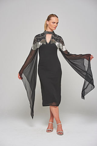 Frock & Frill Delores Black Embellished Midi Dress With Flute Sleeves