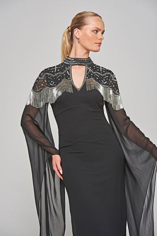 frock & frill Delores Black Embellished Midi Dress with Flute Sleeves