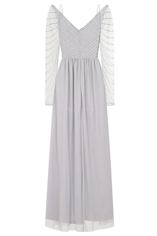 Frock & Frill Denise Grey Cold Shoulder Embellished Maxi Dress