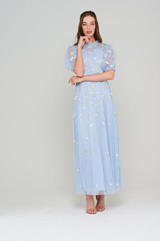 Frock & Frill Deryn Blue Daisy Embroidered Maxi Dress