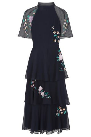 Frock & Frill Diantha Navy Floral Embroidered Tiered Midi Dress