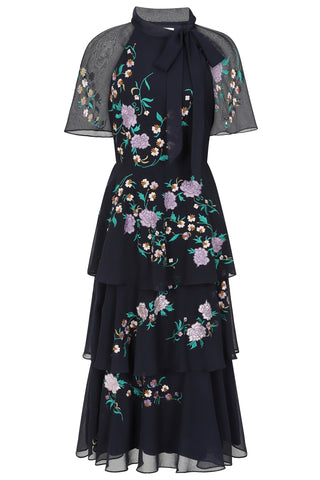 frock & frill Diantha Navy Floral Embroidered Tiered Midi Dress