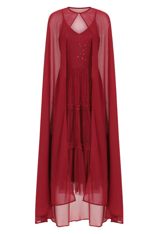 frock & frill Dorothy Burgundy Sequin Midi Dress with Detachable Cape