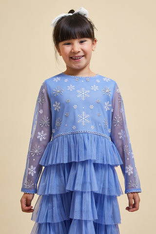 Frock & Frill Eira Ice Blue Snowflake Embroidered Dress
