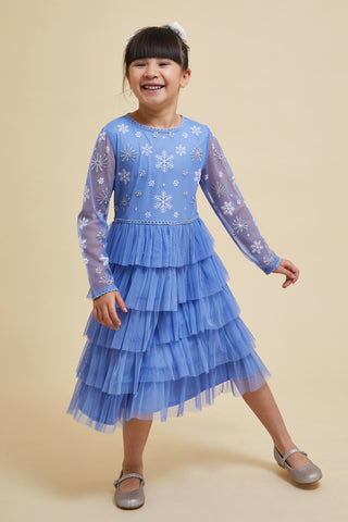 frock & frill Eira Ice Blue Snowflake Embroidered Dress