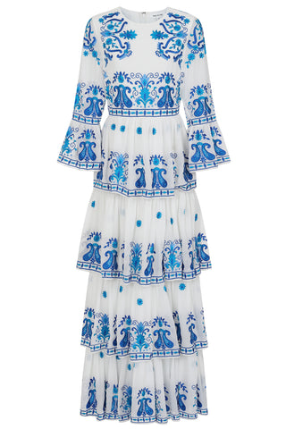 Frock & Frill Elodea White And Blue Embroidered Tiered Maxi Dress