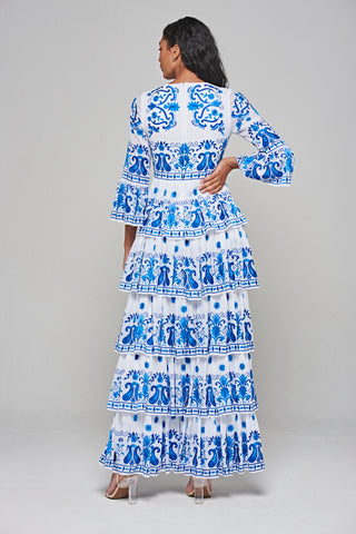 Frock & Frill Elodea White And Blue Embroidered Tiered Maxi Dress
