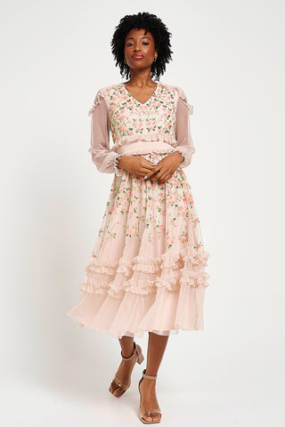 Frock & Frill Eloise Blush Floral Embellished Midi Dress