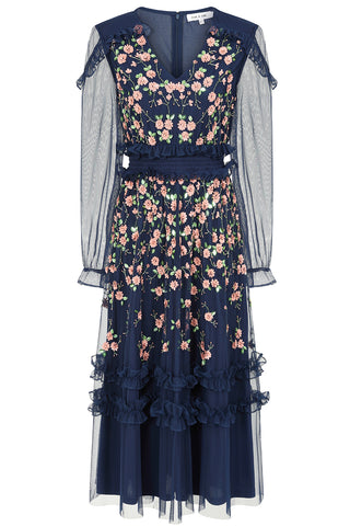 Frock & Frill Eloise Navy Floral Embellished Midi Dress